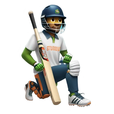 a person holding a cricket bat on one hand, and a laptop on the other hand. Also, wearing a cricket helmet, and a cool pair of shoes sticker
