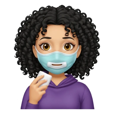 a pretty tan bratz girl with black curly hair. no makeup, looking sick, wearing a mask, coughing sticker