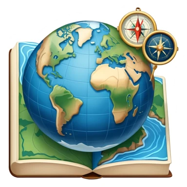 an icon featuring an earth with attitude and longitude lines, a textbook, and a topographic map, symbolizing geography as a science. The design includes a compass, mountain ranges, and rivers, representing the study of Earth's features and landscapes. Transparent background highlights geography. sticker