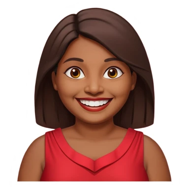 50 yr old chubby Sri Lankan woman, dark skin, straight brown hair, big smile, white teeth, red dress clothes, shoulder length hair, longer hair sticker