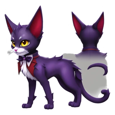 Anthro-Cute-Edgy-Vampiric-Batty-Cat-Black-Purple-Red-Grey-White-Yellow-Contrast-Colors-Fantasy-Fur-Sona-Chibi-Shiny-Fakémon-Hybrid with horns and big fangs, neck tie, leg spats full body sticker