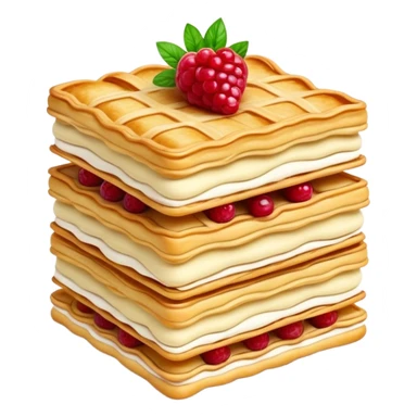 Mille-feuille Cinematic Realistic Mille-Feuille Dessert Emoji, depicted as a delicate pastry composed of two crisp layers of puff pastry with a rich cream filling, rendered with intricate textures and elegant, soft lighting. sticker