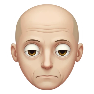 Steven Miller, bald, very grim expression, very narrow face, pronounced sagging eyelids lower on outer sides, bottom lip sticking out sticker