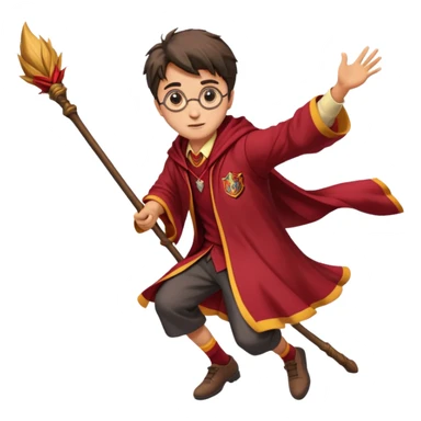 Cartoon-style illustration of Harry Potter flying on a broomstick, Gryffindor red and gold outfit, expressive face, dynamic motion, magical vibe, smooth shading, vibrant colors, no background, transparent background, isolated character. sticker