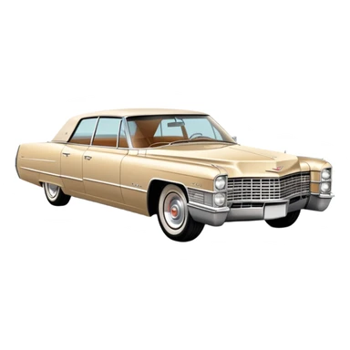 Classic beige 1966 Cadillac DeVille at perfect 30-degree angle, showing detailed front end and sleek side profile, elegant vintage luxury car from Once Upon a Hollywood, iOS emoji style sticker