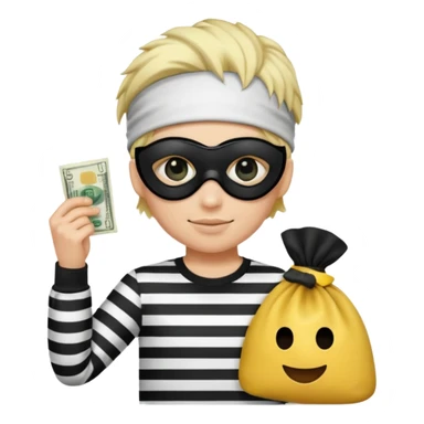 Realistic ios emoji-style portrait of a classic burglar, a black eye mask and a black-and-white striped shirt. emoji-like hair, black hat, a bag of money 💰 with a dollar sign in a right corner  sticker