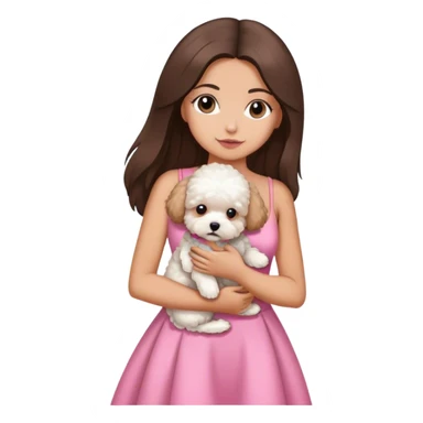 brunette sexy with long straight hair holding white maltipoo in pink dress sticker