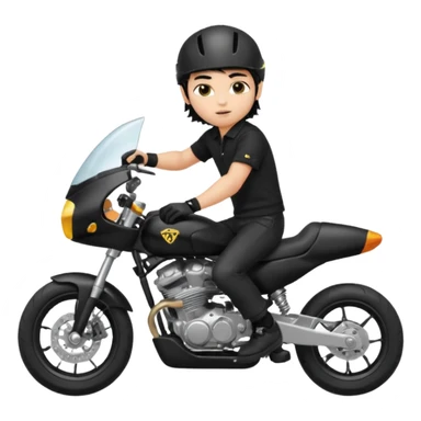 generate a pretty fair bratz boy with a messy mullet (black hair), wearing a BLACK polo.  on a superbike sticker