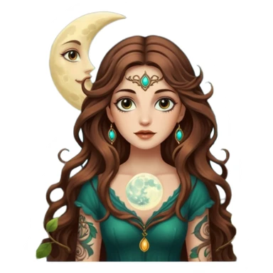 forest mystic woman long wavy brown hair tattoos half-lidded eyes moon glow sticker