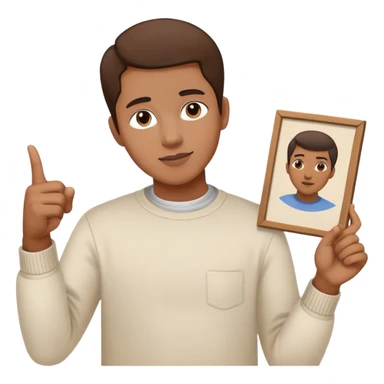 Person pointing at inspiring finished portrait rather than scattered paints sticker