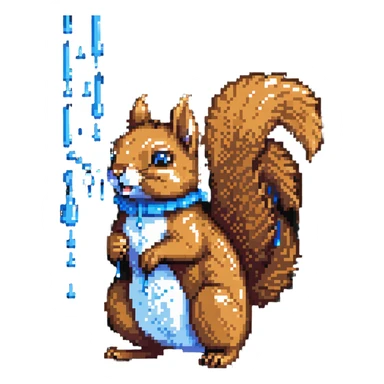 Pixel art squirrel with distinct brown fur, bushy tail, and obvious blue drool dripping from mouth in multiple pixel droplets sticker