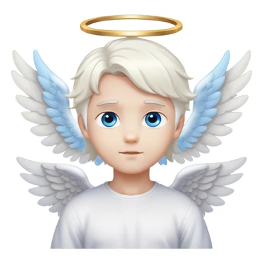 Cute angel boy with white hair, white angel wings, a halo above her head and blue eyes, sticker