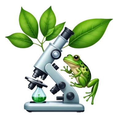 An icon featuring a DNA strand, a microscope, and a green leaf, symbolizing biology. The design includes animal cells, plant structures, and a frog, representing the study of living organisms and ecosystems. Transparent background highlights life sciences and biological research. sticker