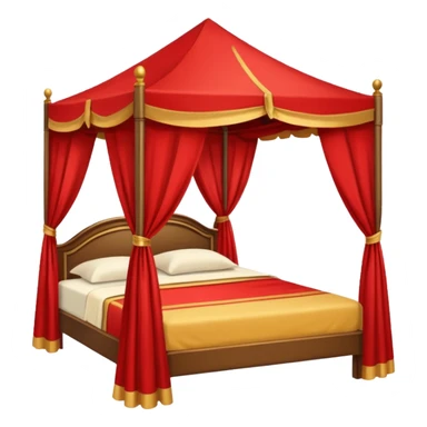 bed with red and gold sheets, wooden, canopy, simple sticker