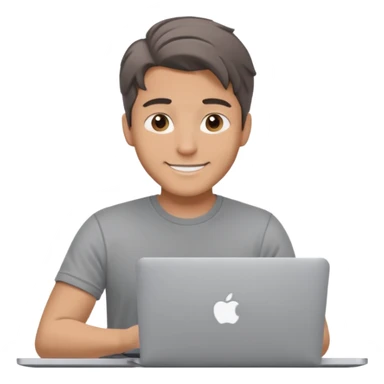 A man in his mid 20s, middle part average dude with slightly droopy eyes, happy, using a MacBook (no logo), hero for an iOS developers website sticker