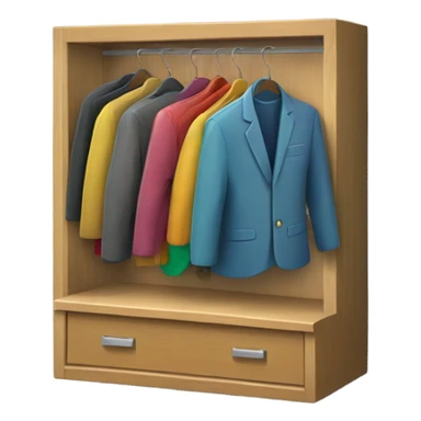 Design an emoji-style icon of an open wardrobe with clothes hanging inside. Include details like a wooden frame, hangers, and colorful clothing items such as shirts or jackets. Use a clean and minimalistic design. sticker