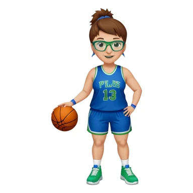 Full Body plus size white female basketball player with short medium brown hair with carmel highlights spike hair wearing blue glasses 
 wide nose wearing blue green uniform  green sneakers smiling  sticker