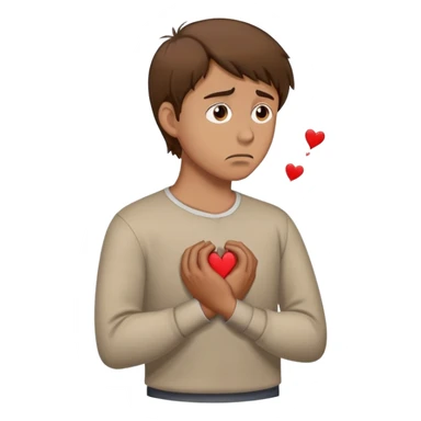 a man with brown hair staying in a
full height in profile with anxiety and begging face with a broken heart sticker