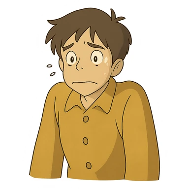 ghibli style character with sloped shoulders, looking nervous, to represent shirking responsibility sticker
