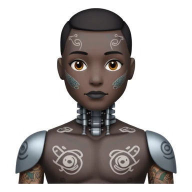 black Tatooed robot, big many tatooes on chest, neck and face, white tatoo on face sticker