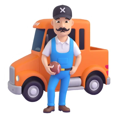 bald truck driver with a mustache and a baseball cap sticker