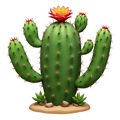 Cinematic Realistic Cactus Emoji, Tall and spiny, with thick, rounded stems covered in sharp spines. Bright flowers bloom at the tips of some branches, adding a pop of color against the desert backdrop. Soft glowing outline, capturing the essence of strength, survival, and desert beauty in a striking cactus! sticker