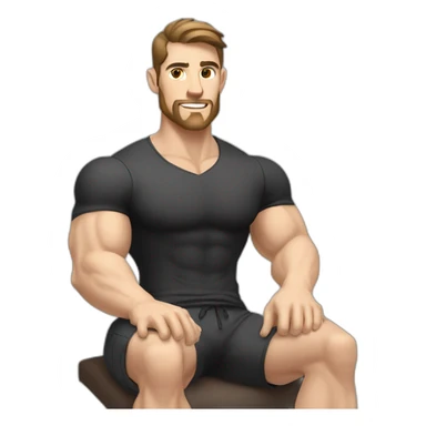 Pale skinned Fit Man With the biceps and dark brown hair in black shirt, gray sports shorts and white Sneakers Sitting on a chair sticker