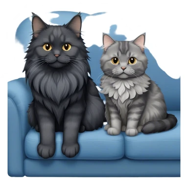 A large black smoke Maine Coon cat with long grey ear tufts and a fluffy grey ruff, sitting next to a chubby British Shorthair cat in blue color with plush fur, both sitting comfortably on a sofa. Beautiful room background with flowers and soft lighting. Transparent background. sticker