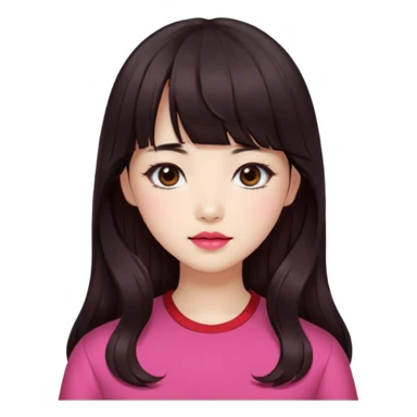 Korean girl, red top, black brown hair, brown eyes, long wavy hair, aesthetic, long hair, hime cut, blunt bangs, pink girl sticker
