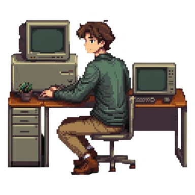 Young man sitting at desk with vintage desktop computer with large CRT monitor sticker