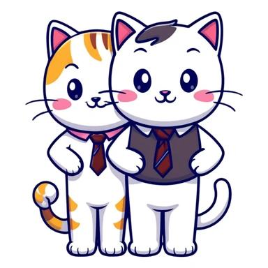 happy girl cat with eyelashes wearing a cute necktie, and happy boy cat wearing a professional necktie, standing together sticker