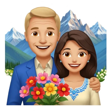 Laughing Couple traveling in Montenegro russian man and elegant  Latina girl delicate flowers and mountains in the background sticker