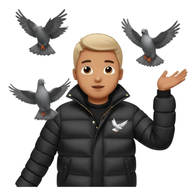 puffer shiny black jacket man open arms looking at a flying pigeon sticker