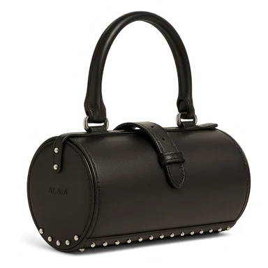 Alaïa Teckel bag, shown from the side, highlighting the cylindrical silhouette and studded accents, luxury leather, fashion accessory, on white background sticker