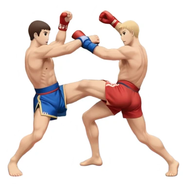 An icon symbolizing Sambo, featuring two fighters in blue and red kimonos with shorts. One executes a powerful throw, while the other attempts a defensive grab. The fighters are engaged in a grapple, using joint locks and sweeps. The background features a wrestling mat/ sticker