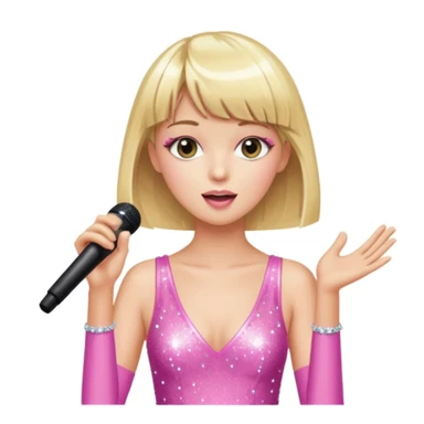 Pretty and thin tall Blonde pop star with bangs singing onstage, wearing a sparkly pink outfit   sticker