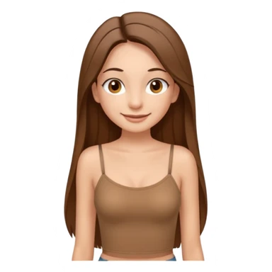Waist-up girl standing straight on white background. Wearing a brown Skims spaghetti strap top. Very long straight brown hair with a middle part. Brown eyes with long lashes. Smiling with braces. sticker