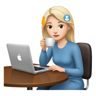 mujer blanca tomando un solo cafe y con un computador sentada en una mesa  sticker