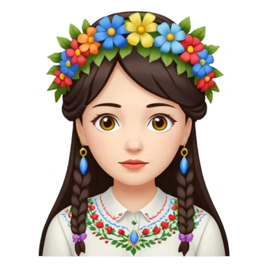Ukrainian woman in a white embroidered shirt with dark hair in a wreath of flowers with multicoloured ribbons on her head sticker