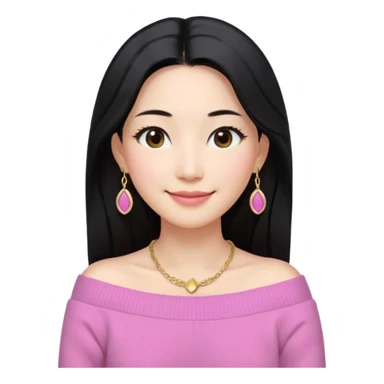 South Korean girl in her mid-thirties with long black hair and a middle part. She is wearing a pink colored, off the shoulder long sleeve knit sweater. She has small gold earrings and a gold necklace. She has brown eyes with narrow, mono lid shape and smiling with lips together sticker