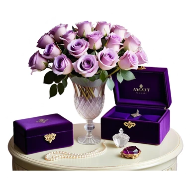 A romantic still life featuring a bouquet of freshly bloomed light violet Ascott tea roses arranged in a crystal vase, accompanied by a deep purple velvet jewelry box partially opened, revealing a pearl necklace inside. A gentle lavender butterfly flutters near the flowers, adding a dreamy touch. An elegant ivory silk ribbon is loosely draped around the arrangement, leading towards an ornate vintage-style perfume flacon in soft pearlescent tones, radiating an air of timeless sophistication sticker