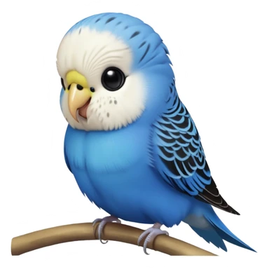 cinematic-cute-blue-budgie-portrait-emoji,-head-tilted-playfully-and-inquisitively,-featuring-a-brilliant-blue-feathered-fur-and white and black feathered face-with-a-natural-sheen,-round,-sparkling-dark-eyes-filled-with-curiosity,-simplified-yet-irresistibly-adorable sticker