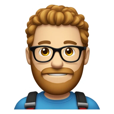 Heavy caucasian young dad, with a blue shirt, with a big brown beard and black rectangle glasses and brown hair he’s holding a red balloon animal  sticker