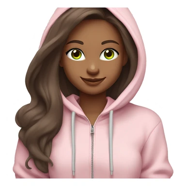 a girl with brown long hair, fair skin, green eyes, works relaxed and smiling at a modern laptop in a monochrome pale pink zip hoodie with a hood and a pink monochrome T-shirt sticker