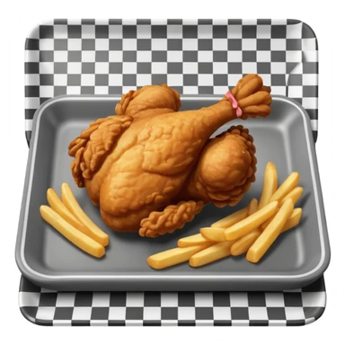 Fried chicken with fries in a grey rectangle plate with paper black and white  sticker