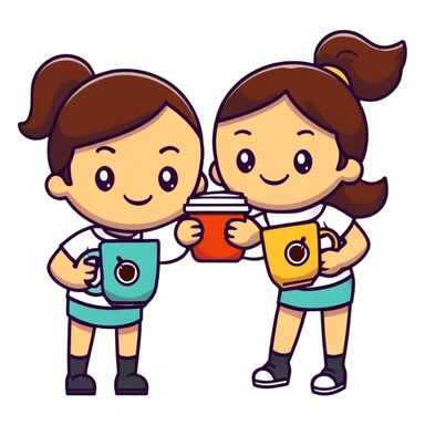 Two girls smiling, holding one coffee cup together sticker