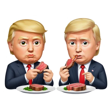 photorealistic Donald Trump and Putin eating a steak shaped like an piece of land sticker
