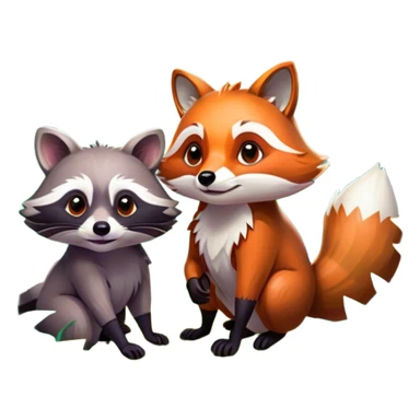 Collage of a raccoon and a fox, in close-up, surrounded by a colorful forest with rich green trees, thick bushes, and vibrant foliage. Sunlight peeks through the branches, casting warm light on the animals. A lively, natural setting with a transparent background. sticker