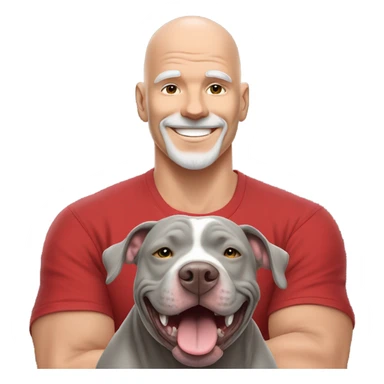 large gray male pit bull smiling and hugging bald white mature man with red tshirt sticker
