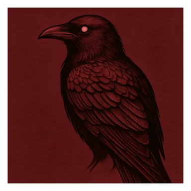 погенерируй ворона полубоком по появ где-то крупным планом внешне как на референсах, четкие контуры тени и блики в винном бордовом цвете sticker